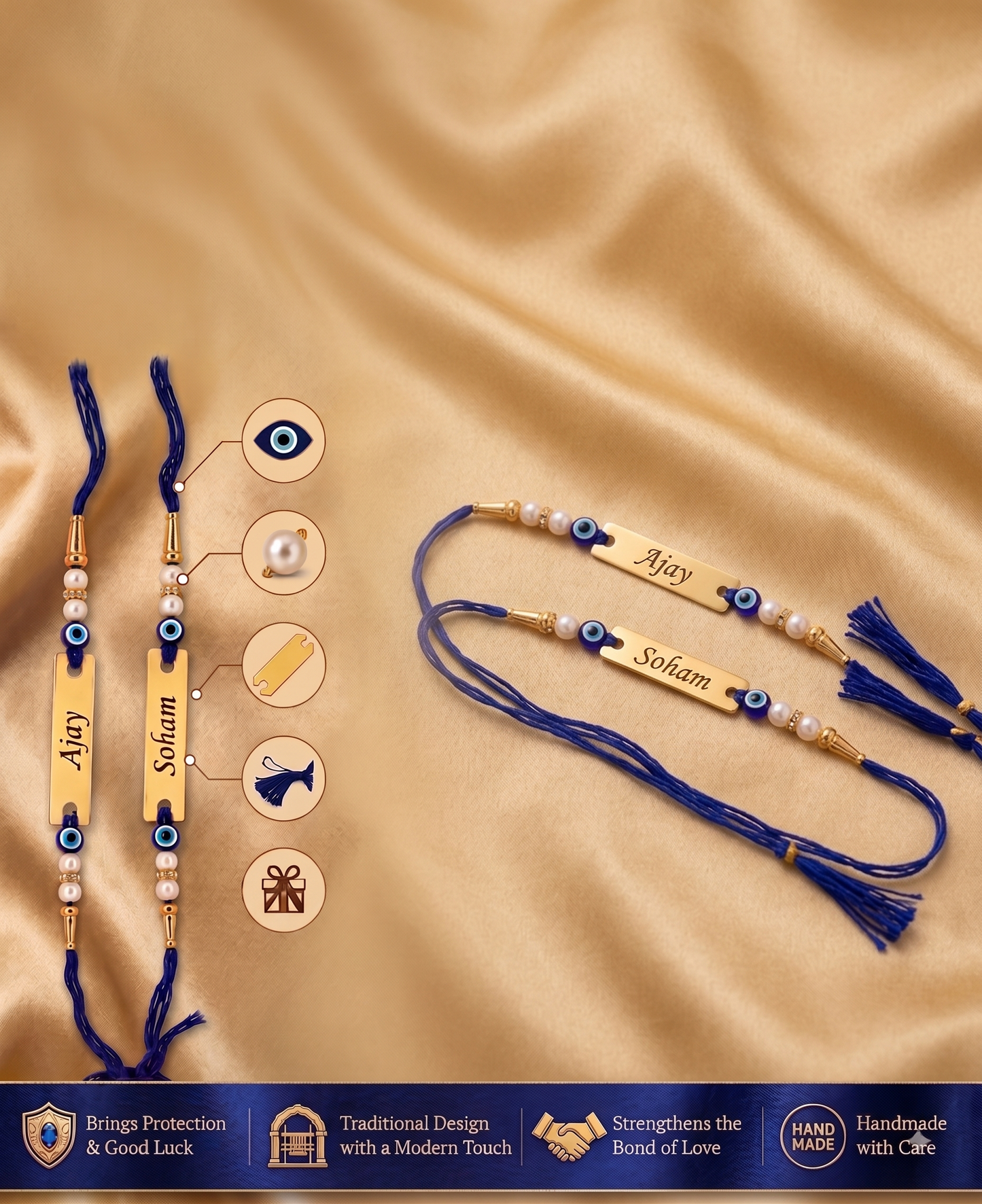 Set of 5 Personalized Evil Eye Rakhis with Custom Engraved Names | Gold-Plated Raksha Bandhan Combo for Brothers & Cousins
