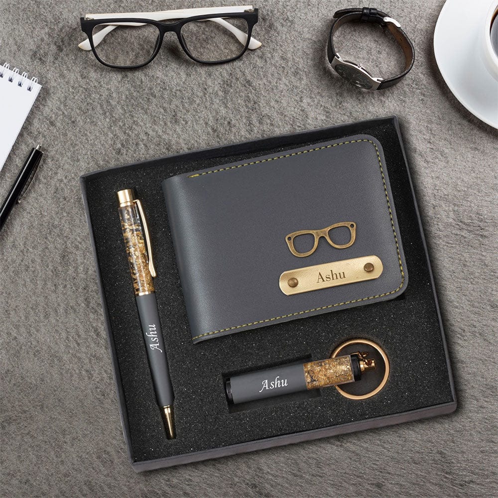 Premium Customized Men's Gift Box – 3-in-1 Luxury Name Engraved Accessory Set