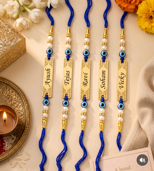 Set of 5 Personalized Evil Eye Rakhis with Custom Engraved Names | Gold-Plated Raksha Bandhan Combo for Brothers & Cousins