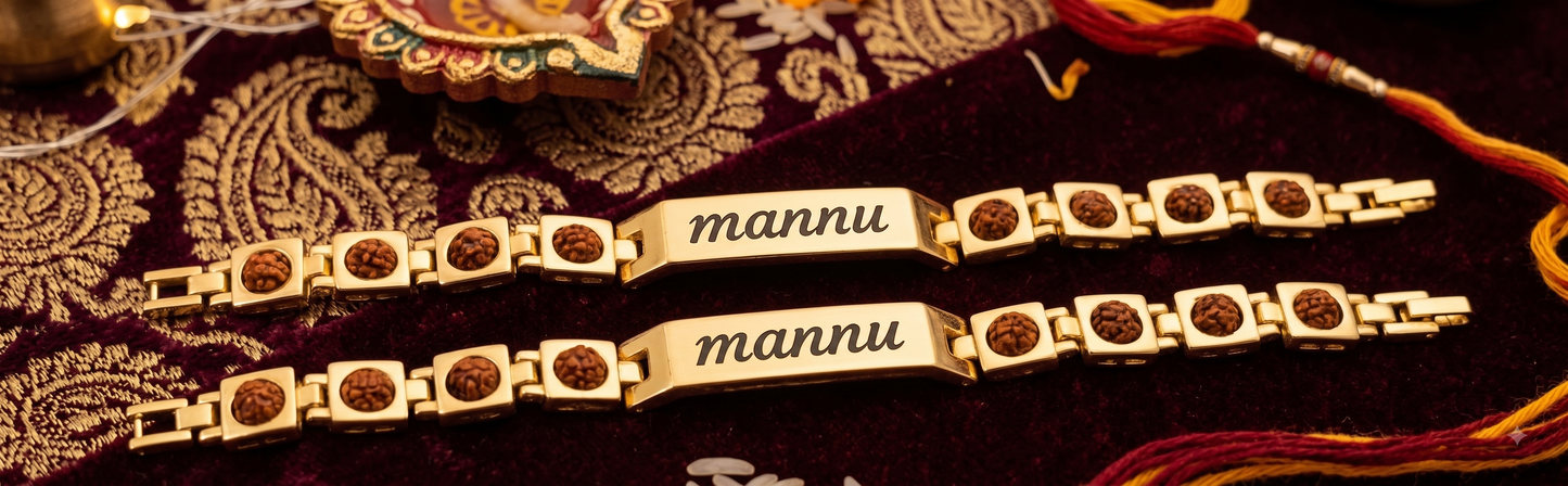 Personalized Gold-Plated Rudraksha Name Rakhi Bracelet for Brother