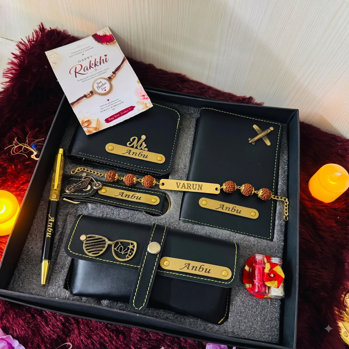 Personalized Rakhi Gift Hamper for Brother – Custom Name Rudraksha Rakhi with Leather Wallet, Passport Cover, Eyewear Case, Keychain & Pen Set