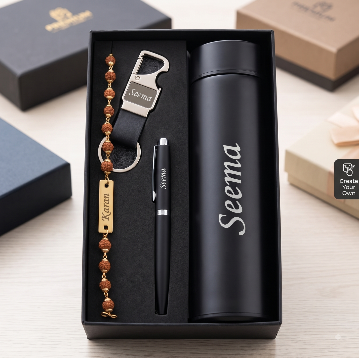 Personalized Rakhi Gift Hamper for Brother – 4-in-1 Matte Black Combo Set (Bottle, Pen, Keychain & Rudraksha Rakhi Bracelet)