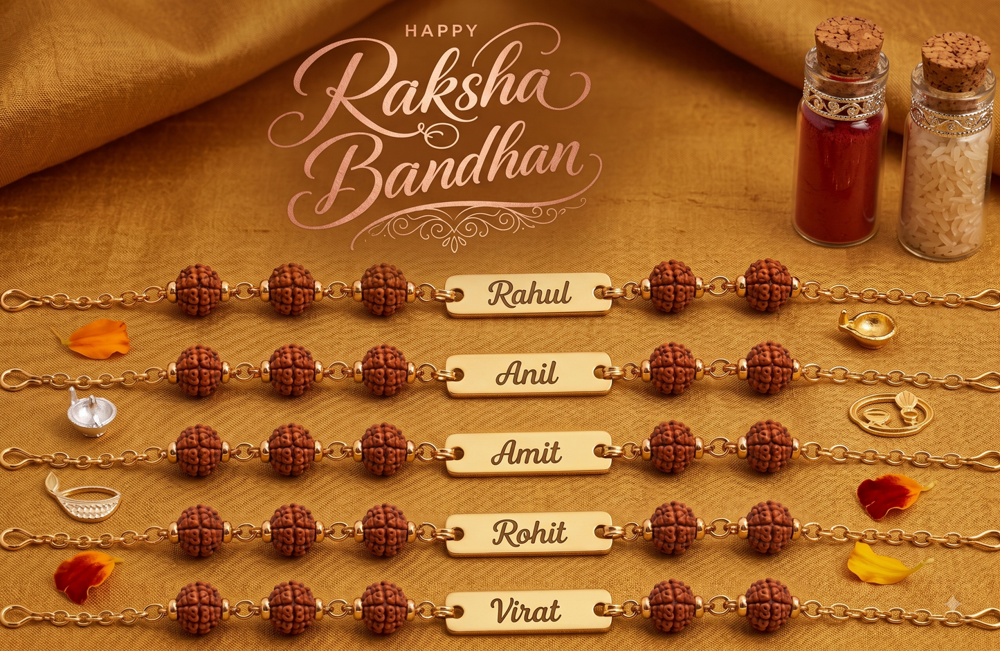 Personalized Rudraksha Rakhi Combo (Set of 5) | Custom Laser-Engraved Gold-Plated Name Bracelets with Roli & Chawal