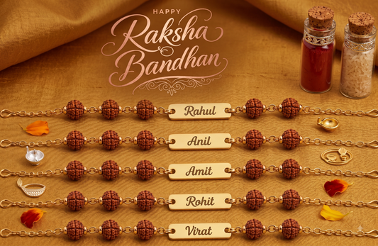 Personalized Rudraksha Rakhi Combo (Set of 5) | Custom Laser-Engraved Gold-Plated Name Bracelets with Roli & Chawal