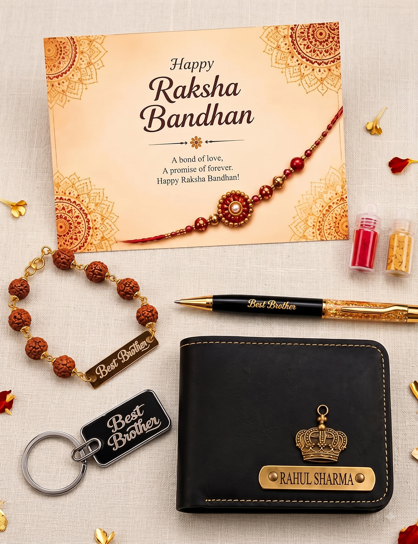Personalized Rakhi Gift Hamper for Brother – Custom Wallet, Pen, Keychain, Deodorant, Leather Belt & Rudraksha Rakhi Combo