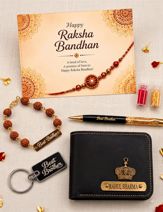Personalized Raksha Bandhan Gift Set for Brother – Custom Name Wallet, Best Brother Bracelet, Keychain & Engraved Pen