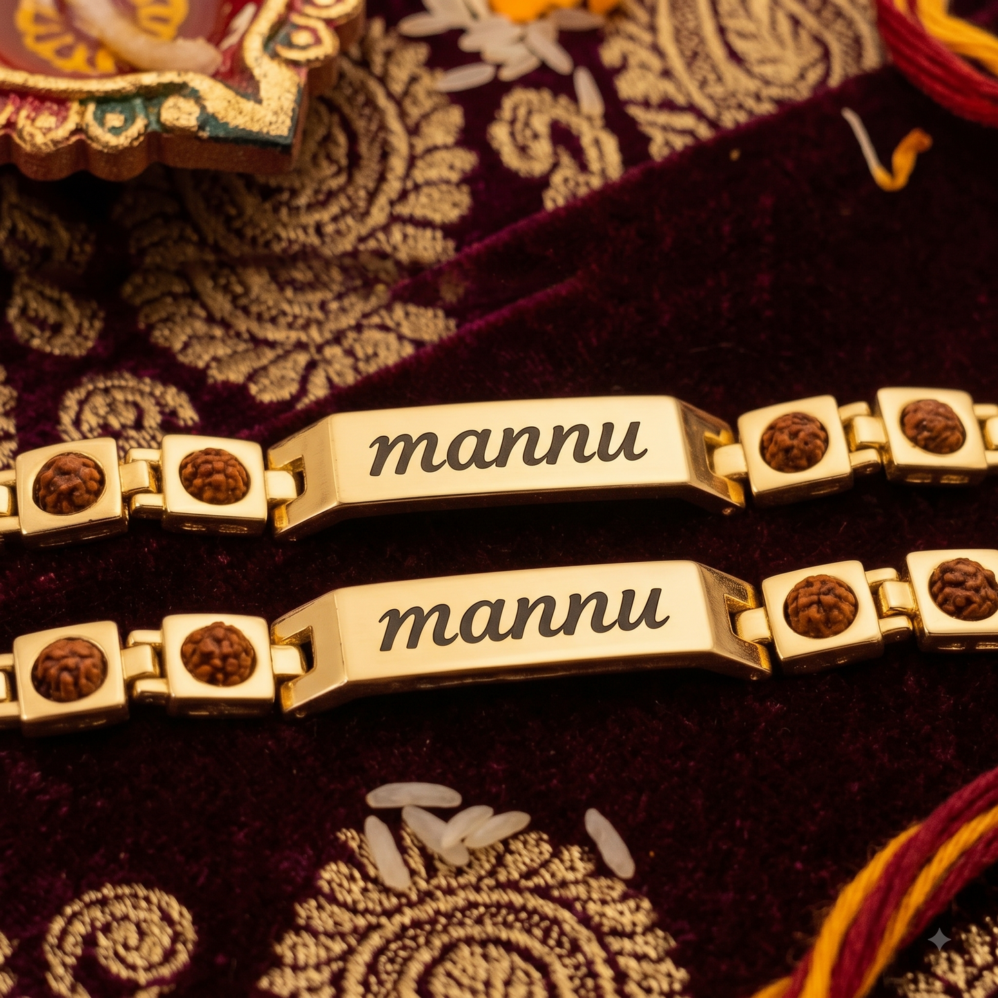 Personalized Gold-Plated Rudraksha Name Rakhi Bracelet for Brother