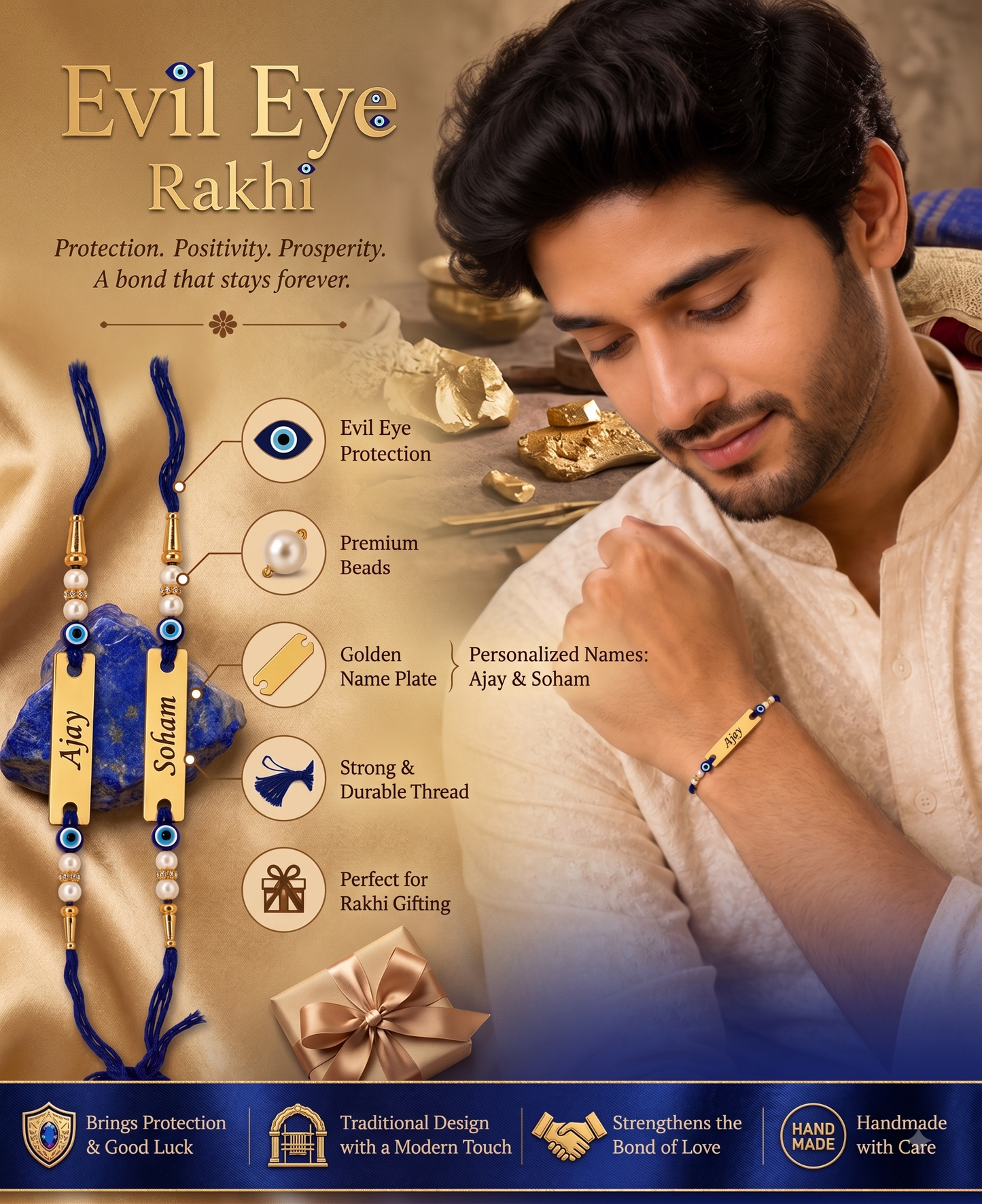 Personalized Evil Eye Name Rakhi (Set of 2) – Custom Engraved Golden Rakhi Combo for Brothers