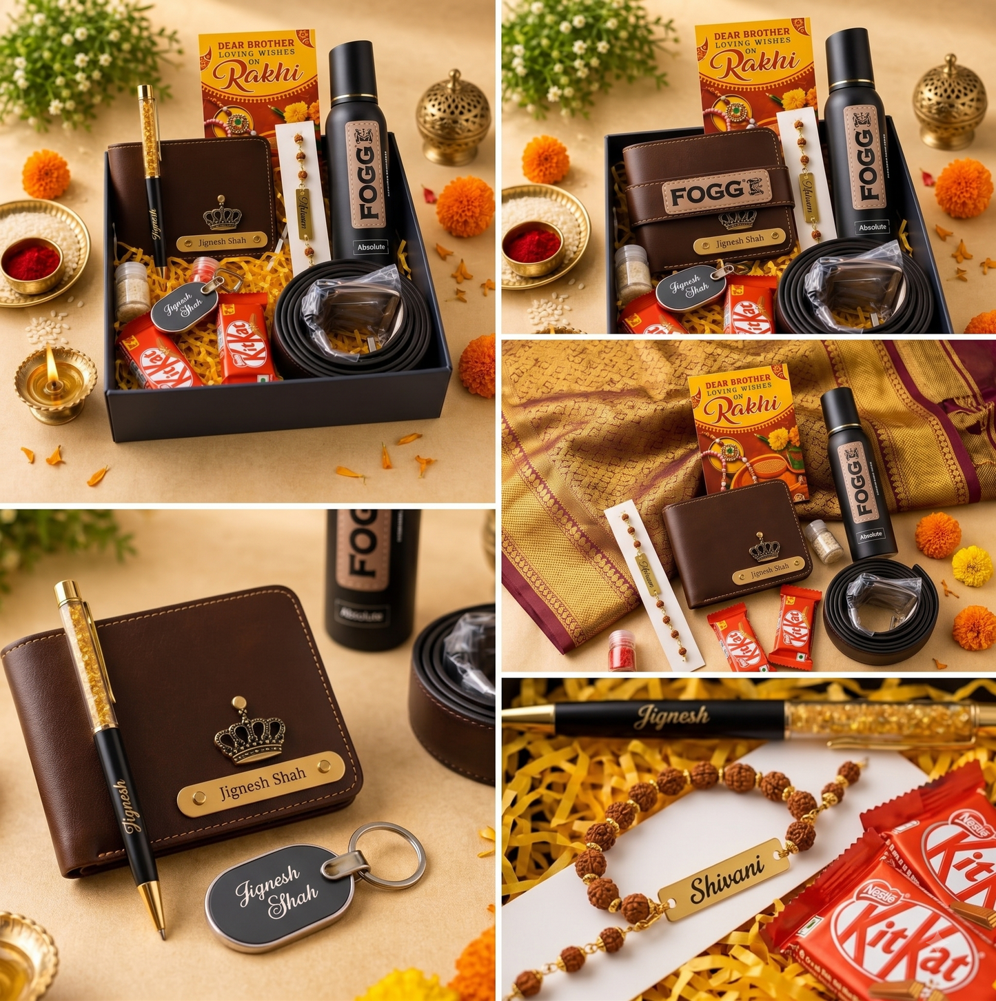 Personalized Rakhi Gift Hamper for Brother – Custom Wallet, Pen, Keychain, Deodorant, Leather Belt & Rudraksha Rakhi Combo