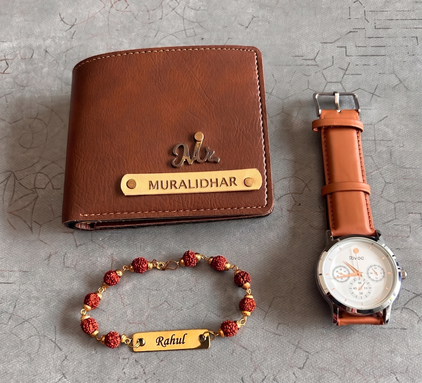 Personalized Men's Gift Combo – Custom Name Leather Wallet, Tan Strap Analog Watch & Engraved Rudraksha Bracelet / Rakhi