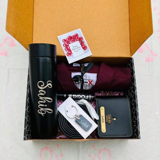 6-in-1 Personalized Men's Birthday Hamper – Custom Wallet, Bottle, Belt & Shirt Gift Set