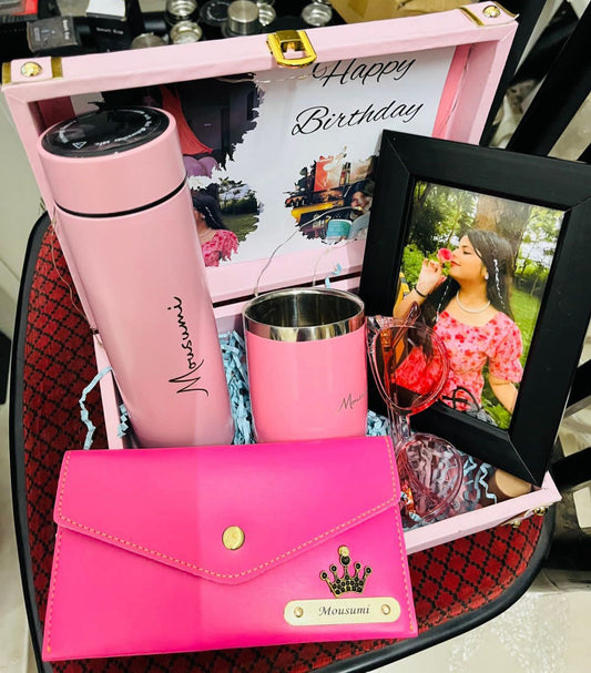 Pretty in Pink Personalized Gift Box for Her – Customized Name Clutch, Temperature Flask & Sunglass Combo