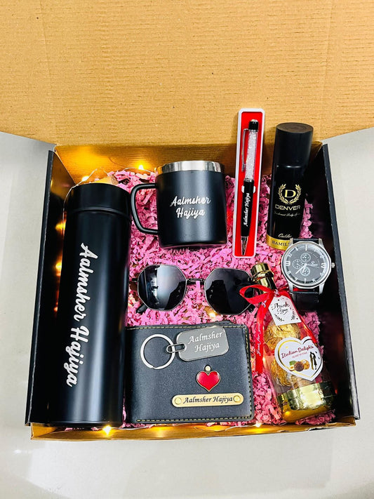9-in-1 Personalized Men's Mega Gift Hamper – Custom Wallet, Bottle, Watch & Sunglasses Combo Box