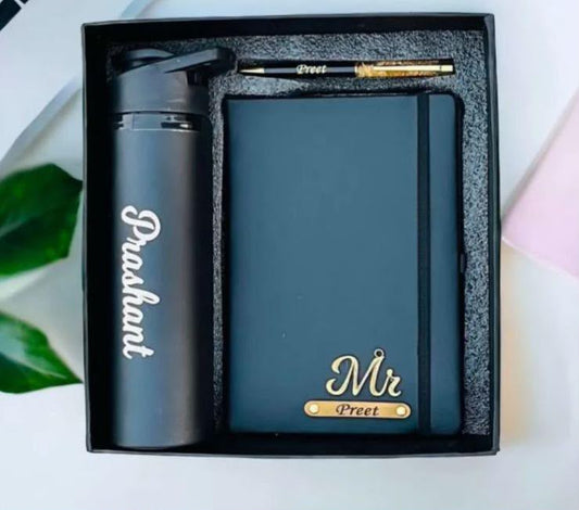 3-in-1 Personalized Corporate Gift Set – Custom Diary, Sipper Bottle & Luxury Pen Hamper