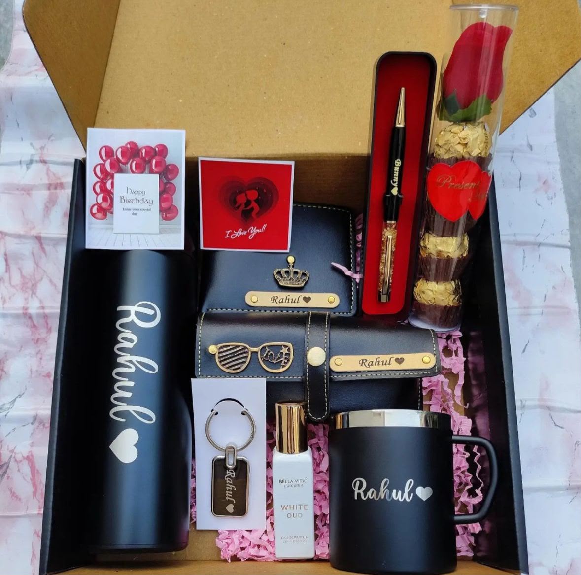 7-in-1 Personalized Men's Mega Gift Hamper – Custom Wallet, Bottle, Mug & Sunglasses Case Set