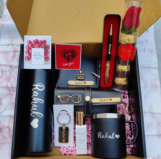 7-in-1 Personalized Men's Mega Gift Hamper – Custom Wallet, Bottle, Mug & Sunglasses Case Set