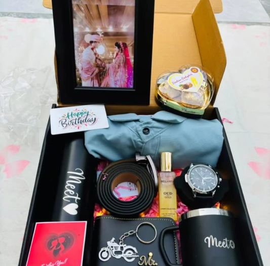 10-in-1 Personalized Men's Mega Gift Hamper – Custom Wallet, Watch, Shirt & Photo Frame Box
