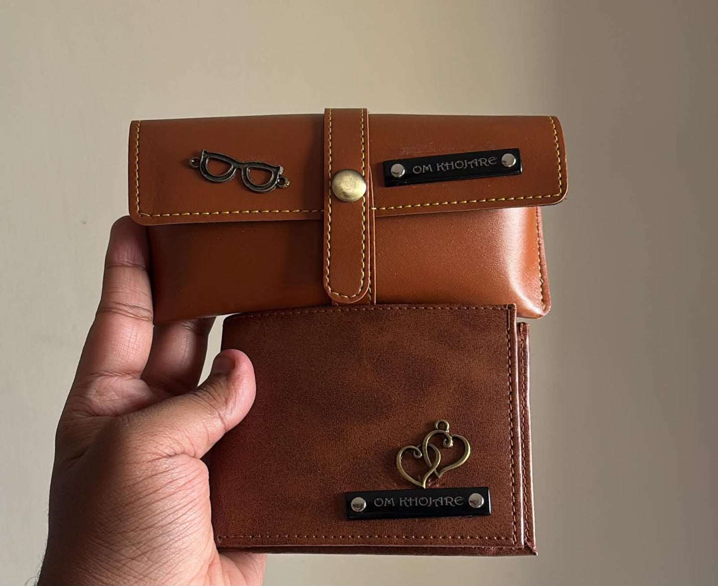 Personalized Men's Tan Leather Combo – Custom Name Wallet & Eyewear Pouch Gift Set