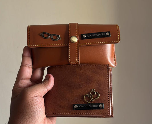 Personalized Men's Tan Leather Combo – Custom Name Wallet & Eyewear Pouch Gift Set