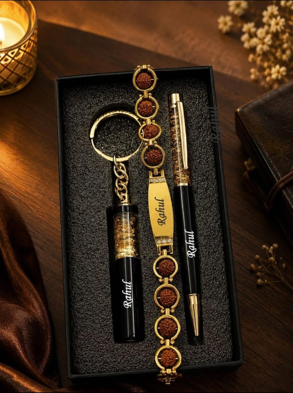 Personalized 3-in-1 Luxury Gift Set for Men – Custom Engraved Rudraksha Bracelet, Floating Gold Foil Pen & Keychain Combo in Premium Gift Box