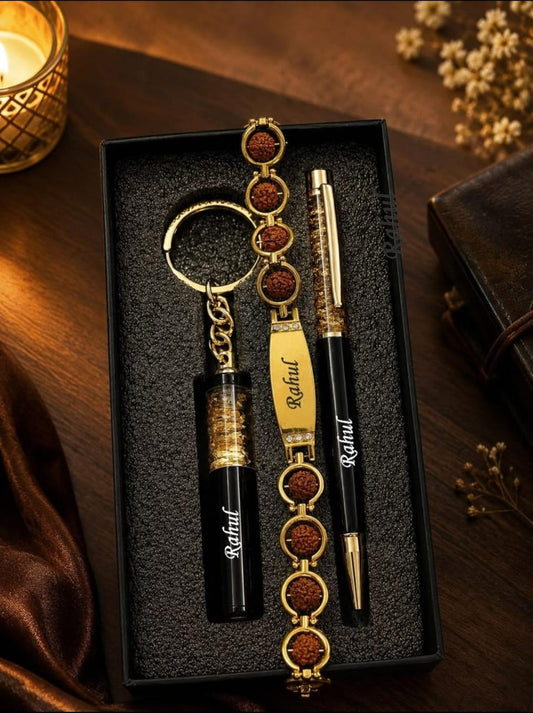 Personalized 3-in-1 Luxury Gift Set for Men – Custom Engraved Rudraksha Bracelet, Floating Gold Foil Pen & Keychain Combo in Premium Gift Box