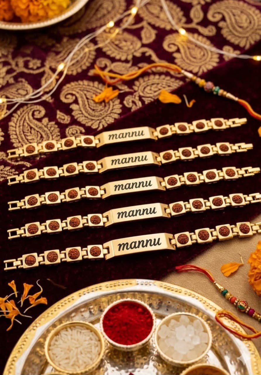 Custom Name Engraved Gold Rudraksha Rakhi Bracelet | Family Combo Pack