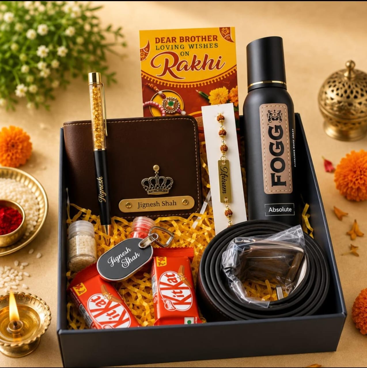 Personalized Rakhi Gift Hamper for Brother – Custom Wallet, Pen, Keychain, Deodorant, Leather Belt & Rudraksha Rakhi Combo