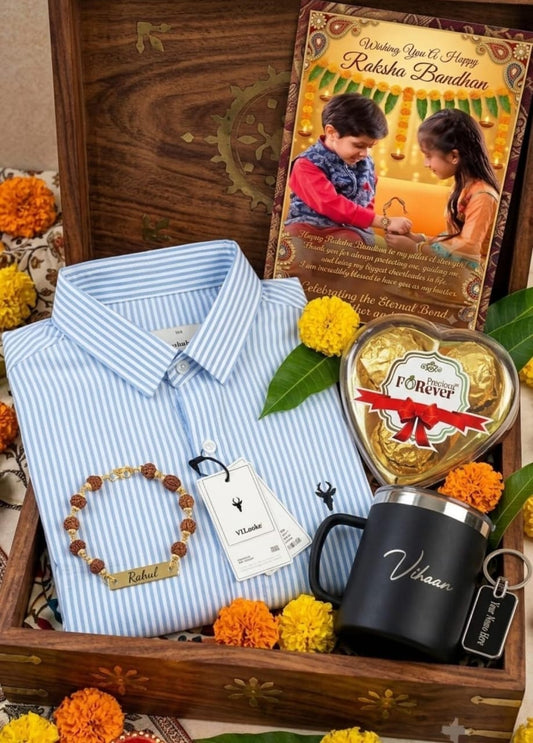 Custom Name Rakhi, Apparel, Insulated Mug & Treats Festive Gift Hamper