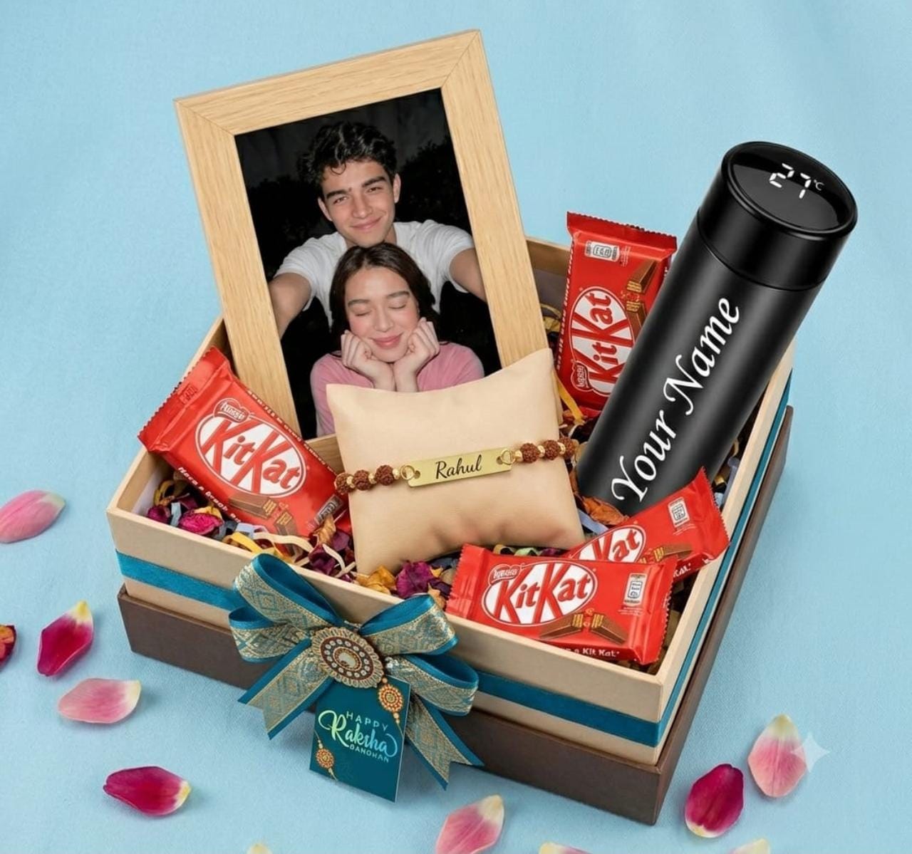 Personalized Photo Frame, LED Temperature Bottle & Chocolate Rakhi Box