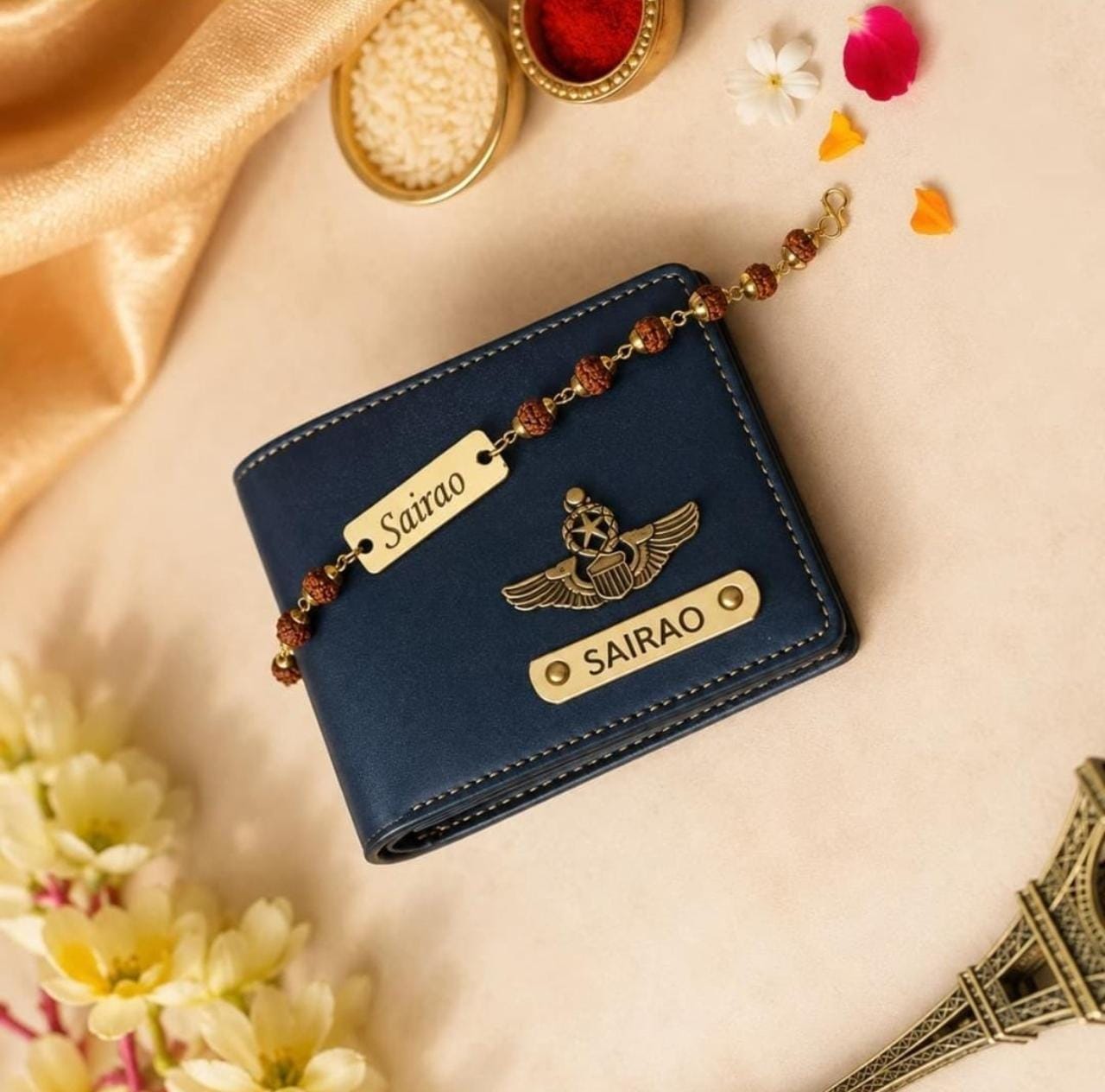 Personalized Name Leather Wallet & Matching Rudraksha Rakhi Combo