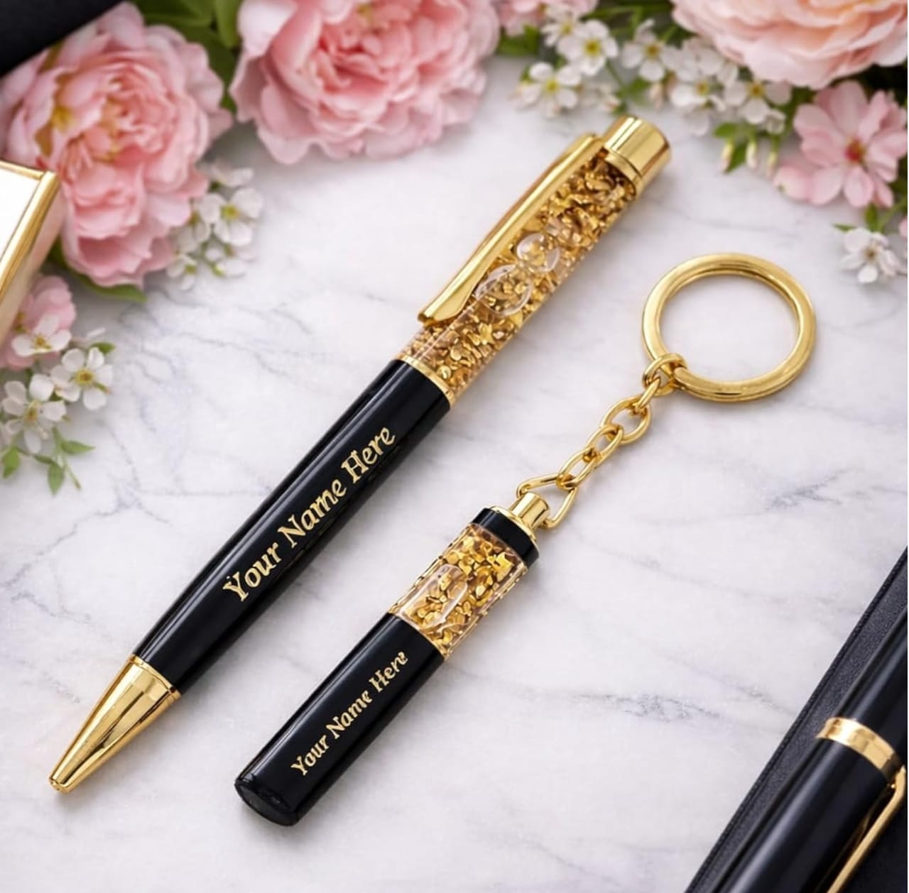 Personalized Gold Flake Pen & Keychain Combo Set