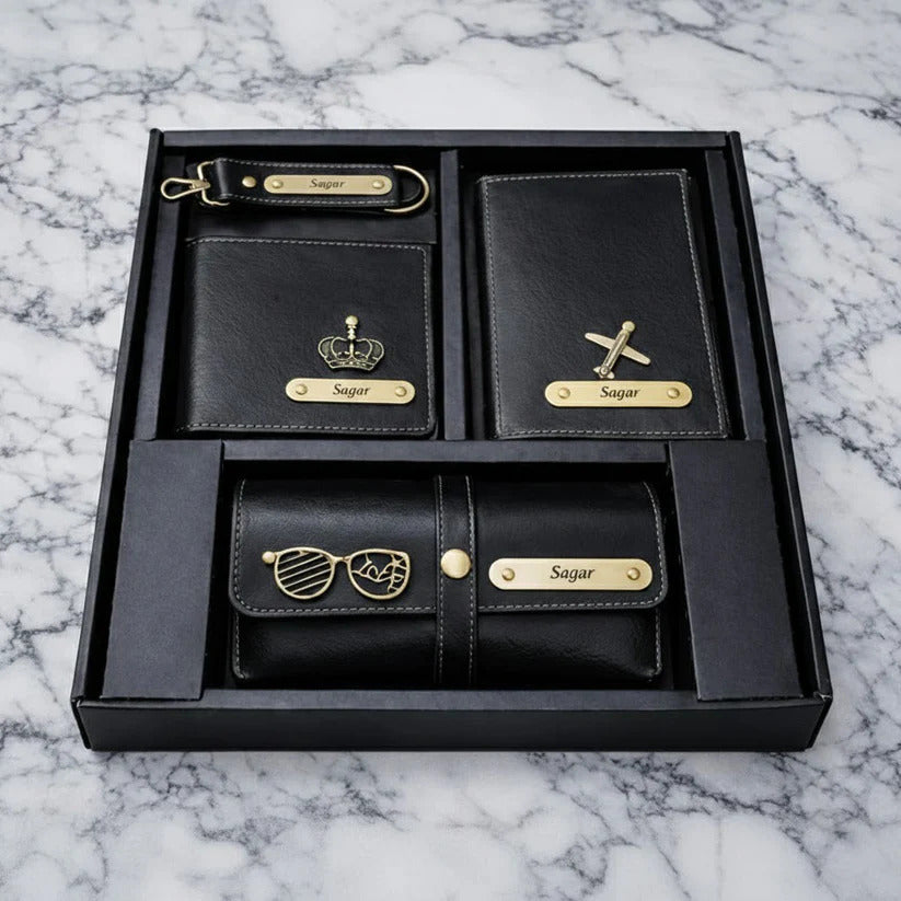 4-in-1 Personalized Men's Travel & Lifestyle Gift Set – Custom Wallet, Passport Cover, Eyewear Case & Keychain