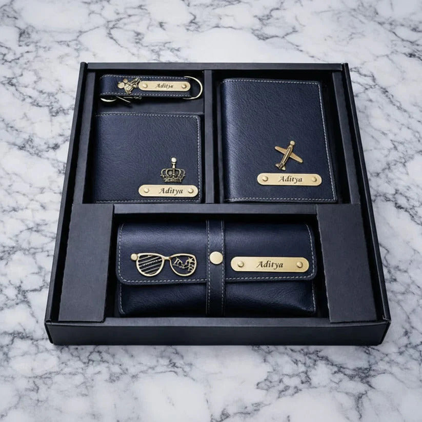 4-in-1 Personalized Men's Travel & Lifestyle Gift Set – Custom Wallet, Passport Cover, Eyewear Case & Keychain