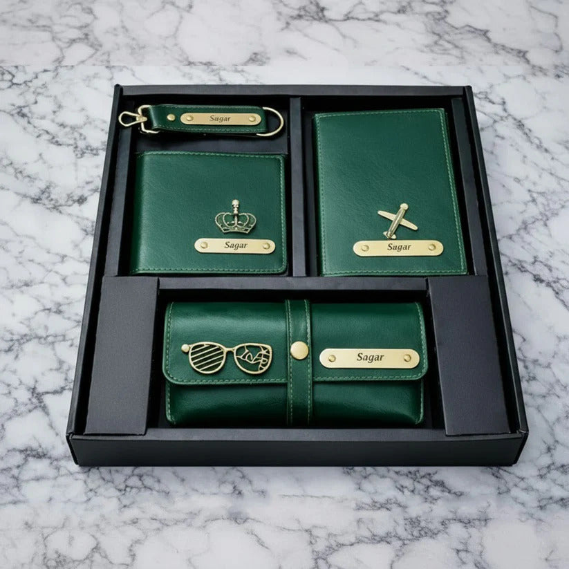 4-in-1 Personalized Men's Travel & Lifestyle Gift Set – Custom Wallet, Passport Cover, Eyewear Case & Keychain