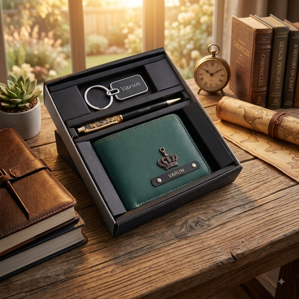 Personalized Men's Gift Set – Customized Leather Wallet, Metal Keychain & Luxury Pen