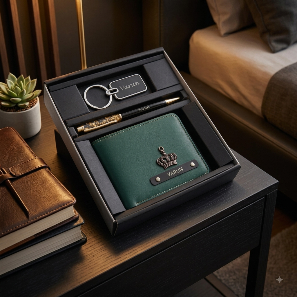 Personalized Men's Gift Set – Customized Leather Wallet, Metal Keychain & Luxury Pen