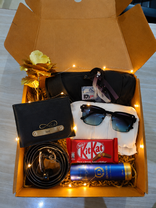 6-in-1 Personalized Men's Styling Hamper – Custom Wallet, Black & White Shirt Duo with Belt